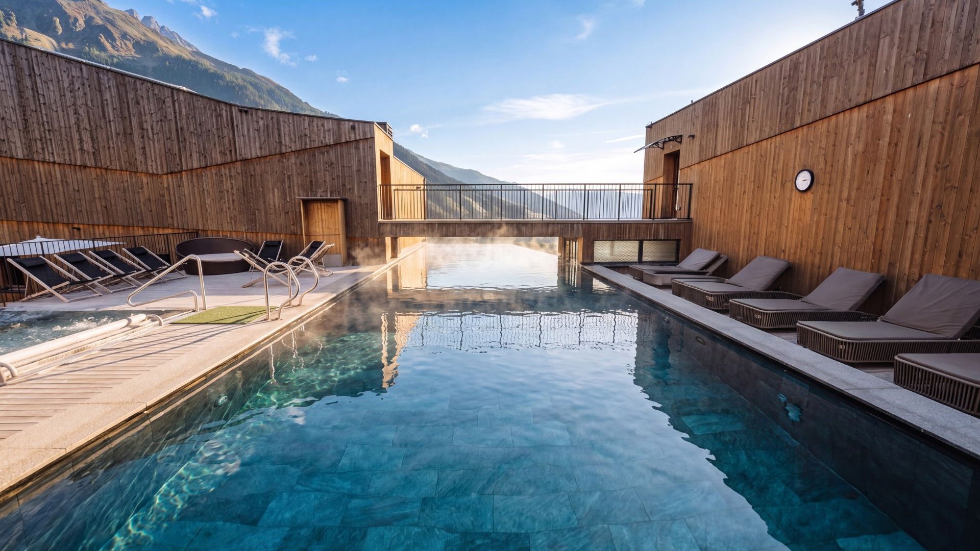 L’area wellness riservata agli adulti Piscina all’aperto con lettini e vista sulle montagne tra pareti in legno