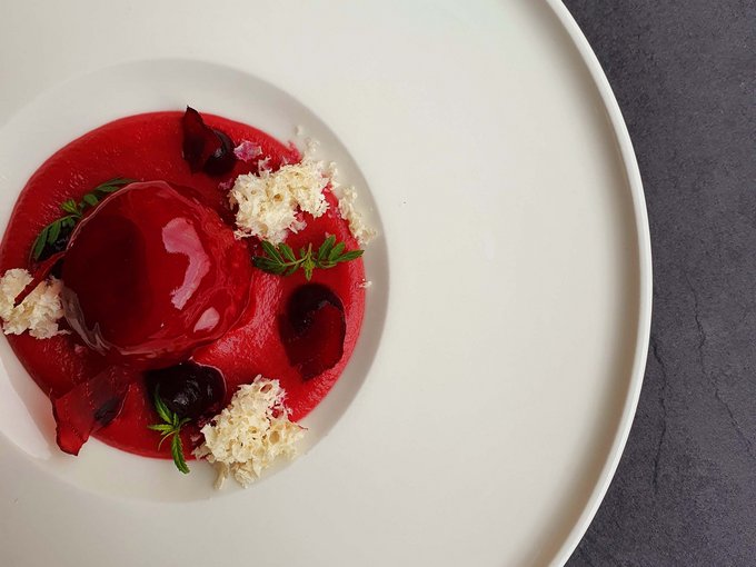 Sapori Dessert rosso raffinato con decorazioni su piatto bianco
