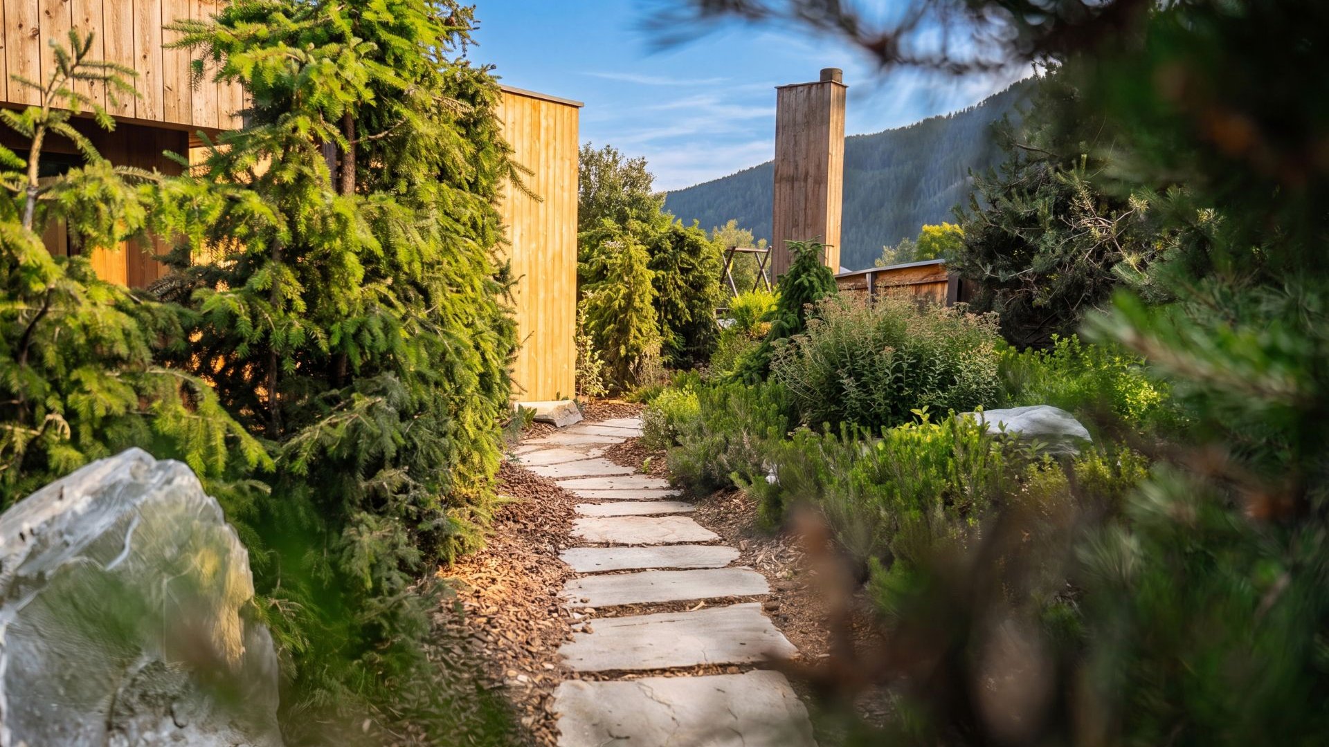 Servizi inclusi Sentiero in giardino tra edifici in legno e conifere davanti a una montagna boscosa