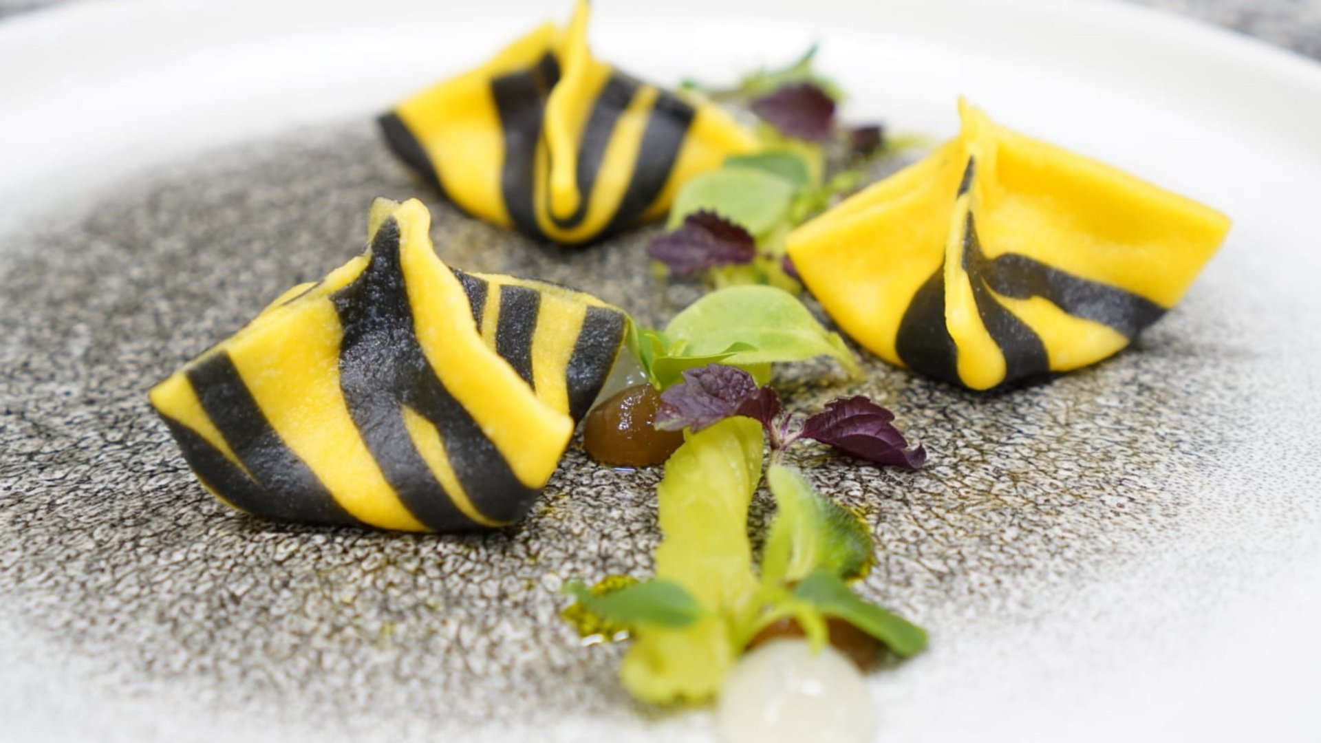 Your Vitalpina Hotel Artfully plated yellow and black pasta with herbs on plate