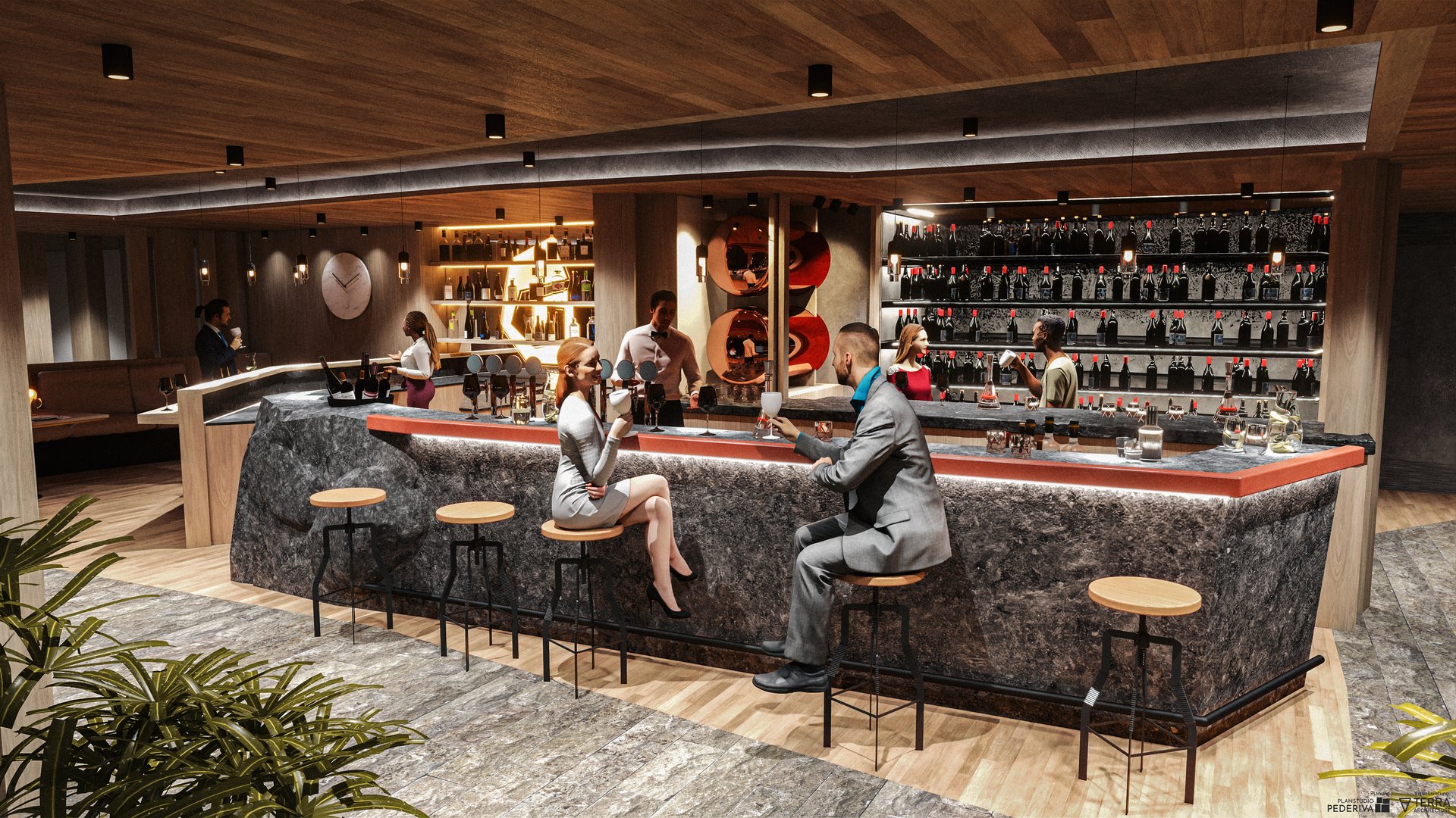 Neu ab Sommer 2026 Moderne Bar mit Gästen, Barkeepern und Weinflaschen an den Regalen