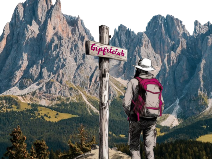 Wanderhotel Südtirol Wanderer mit Rucksack vor Berglandschaft und Schild Gipfelclub