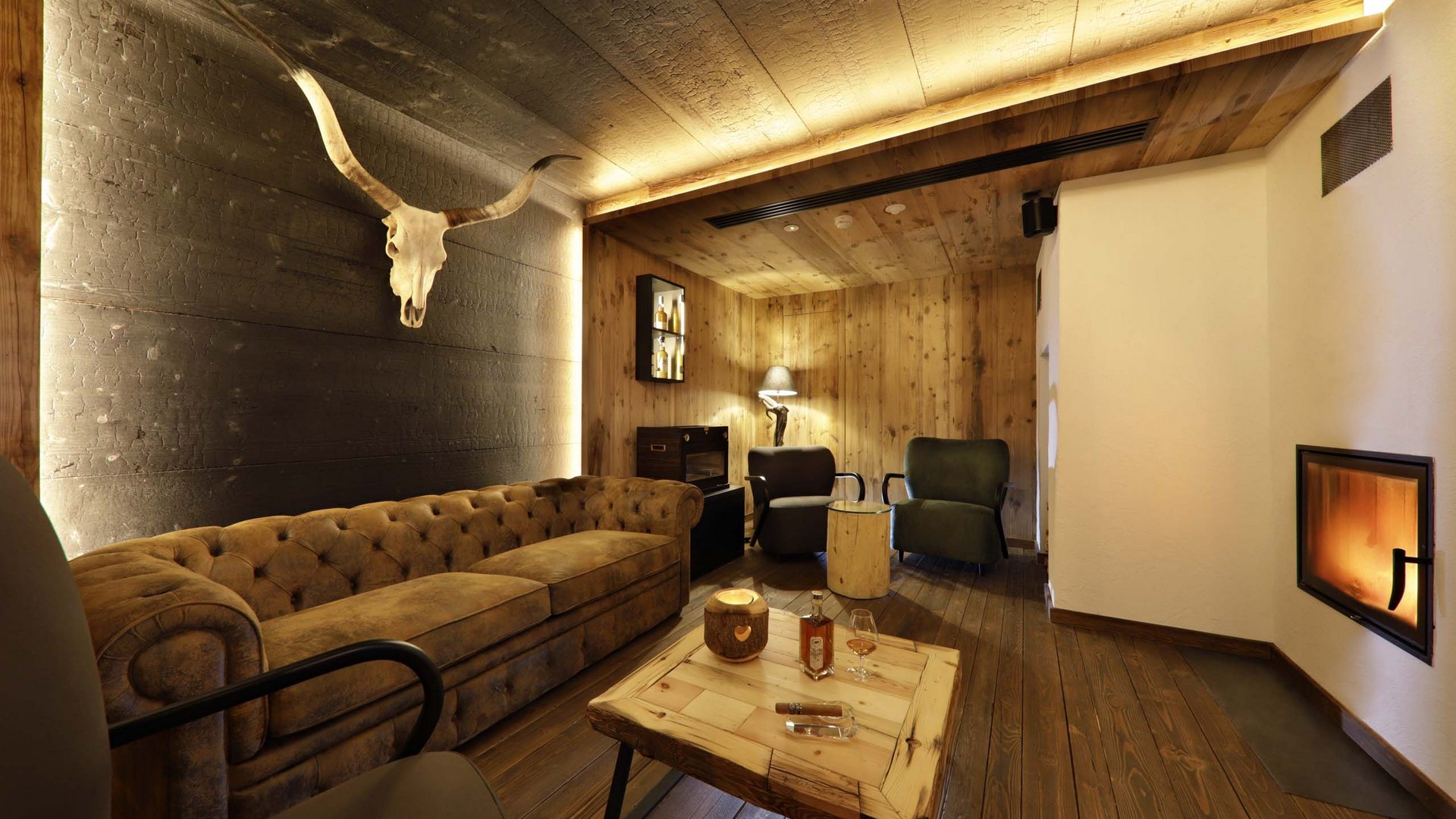 Inclusive services Cozy living room with leather sofa, wooden ceiling, fireplace and cow skull on wall
