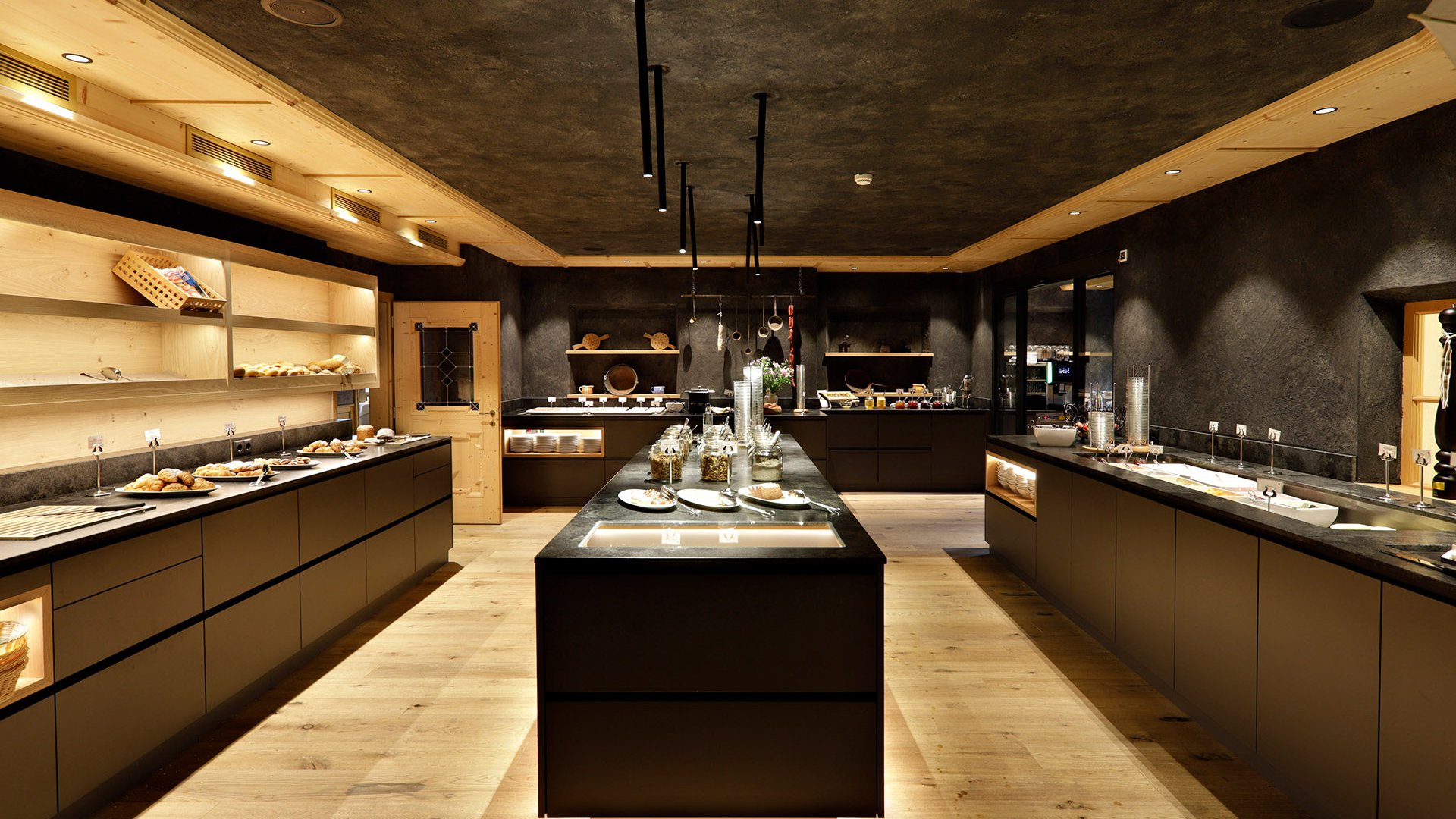 Modern rustic kitchen with buffet and wooden floor