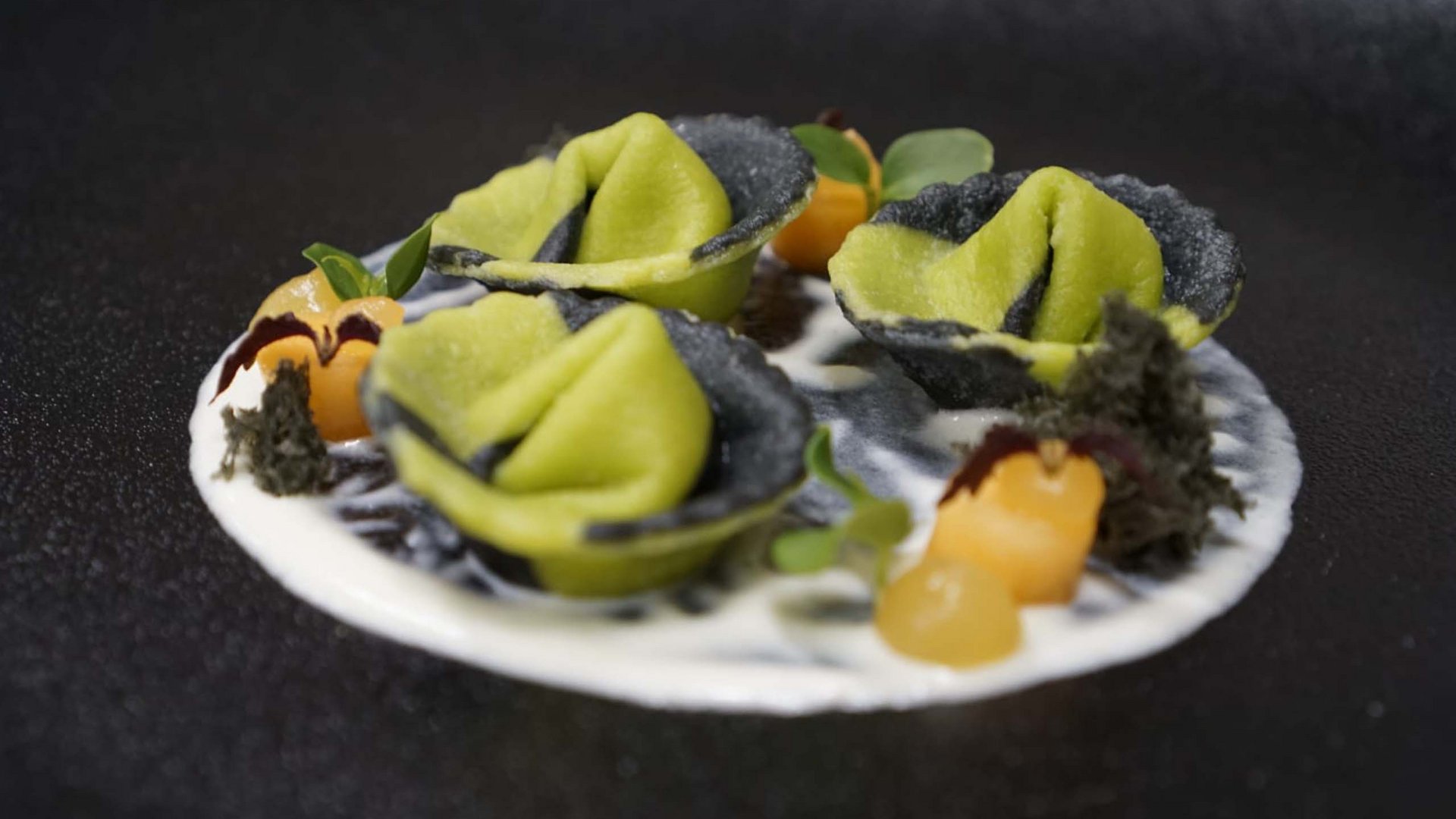 The Gassenhof gourmet cuisine Green and black stuffed pasta artfully plated on white sauce