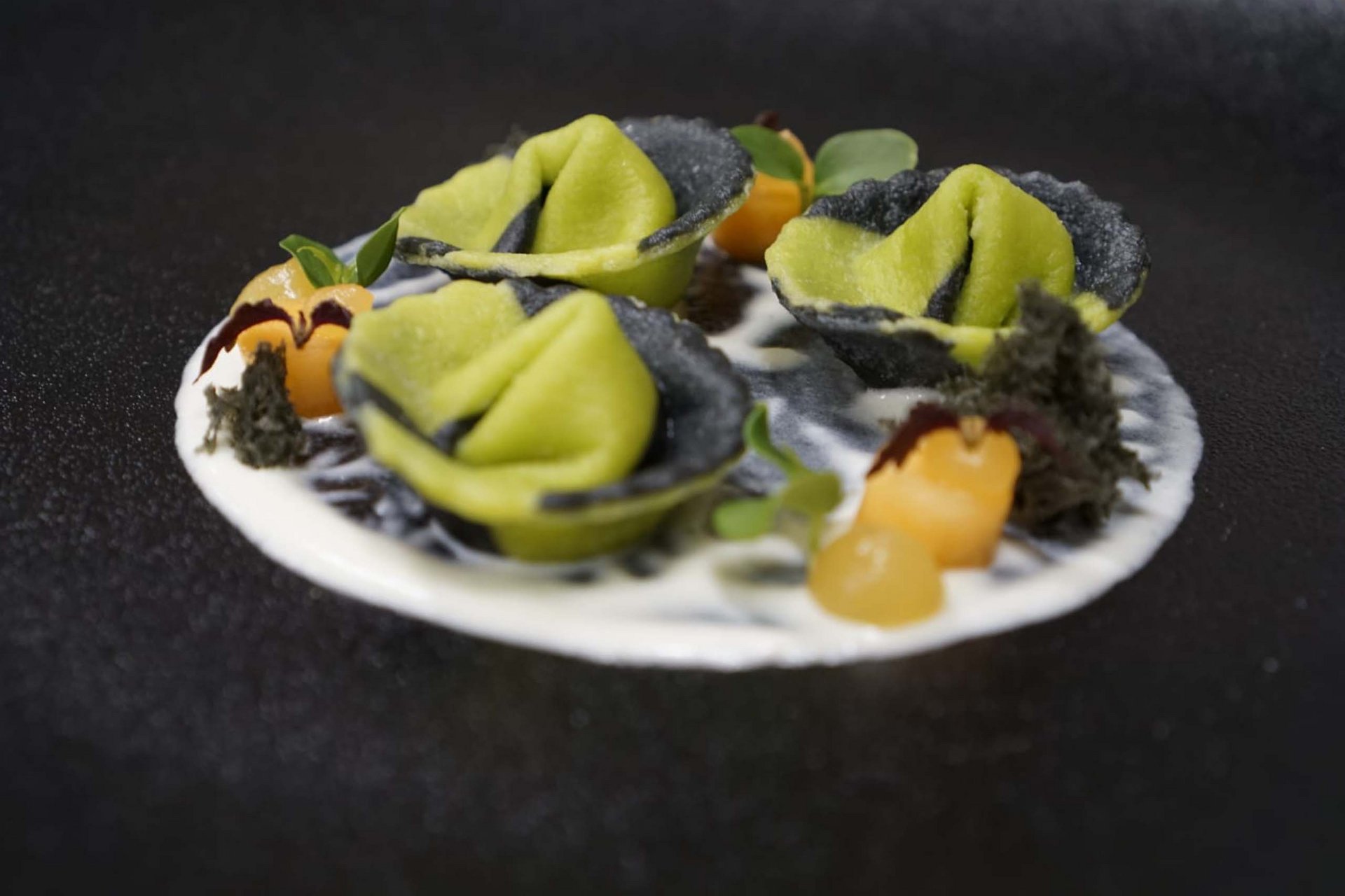 Urlaub anfragen Grüne und schwarze gefüllte Pasta kunstvoll auf weißer Sauce angerichtet