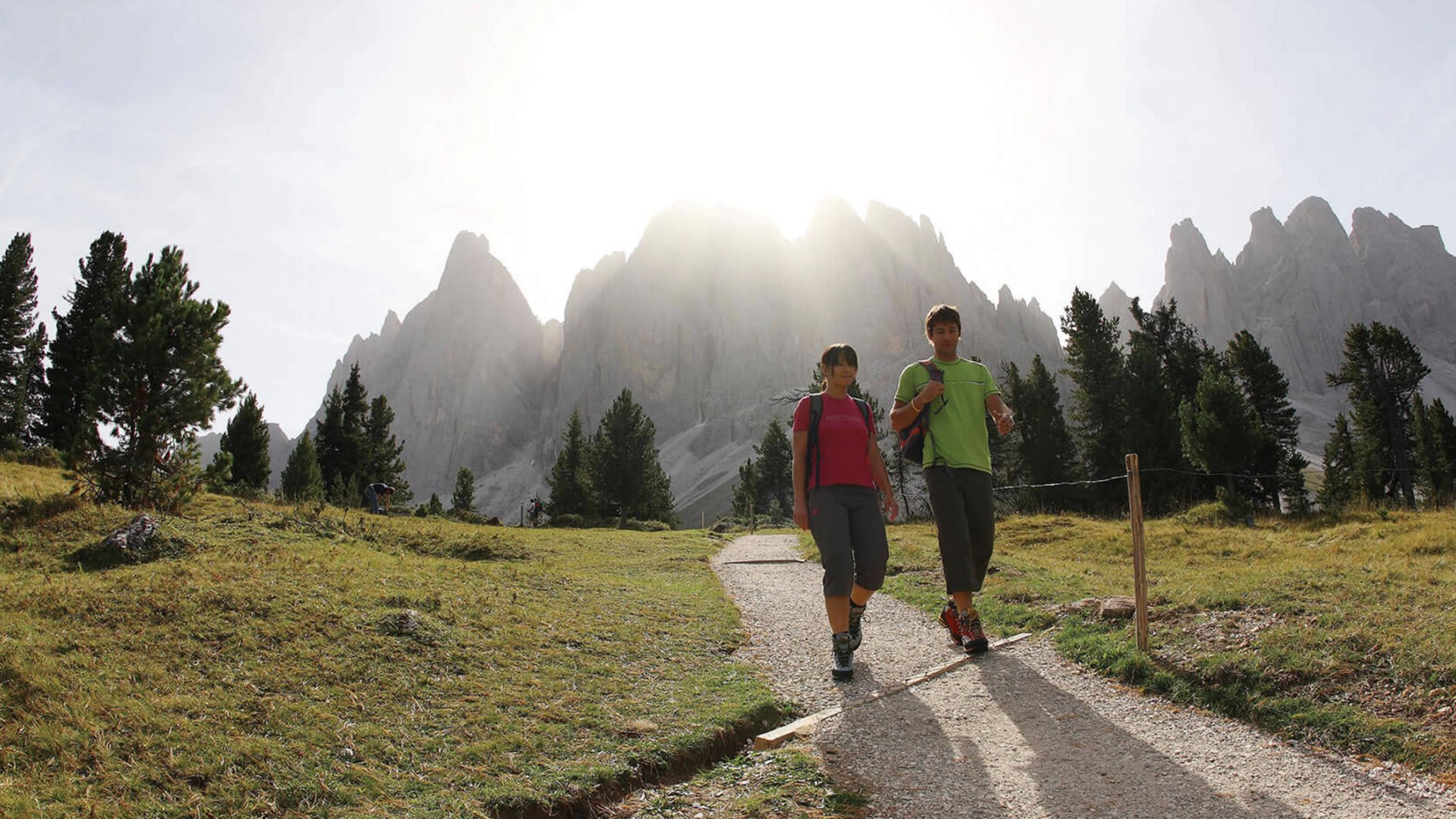 Vitalpina hotel in Alto Adige Due escursionisti su un sentiero con montagne e alberi sullo sfondo