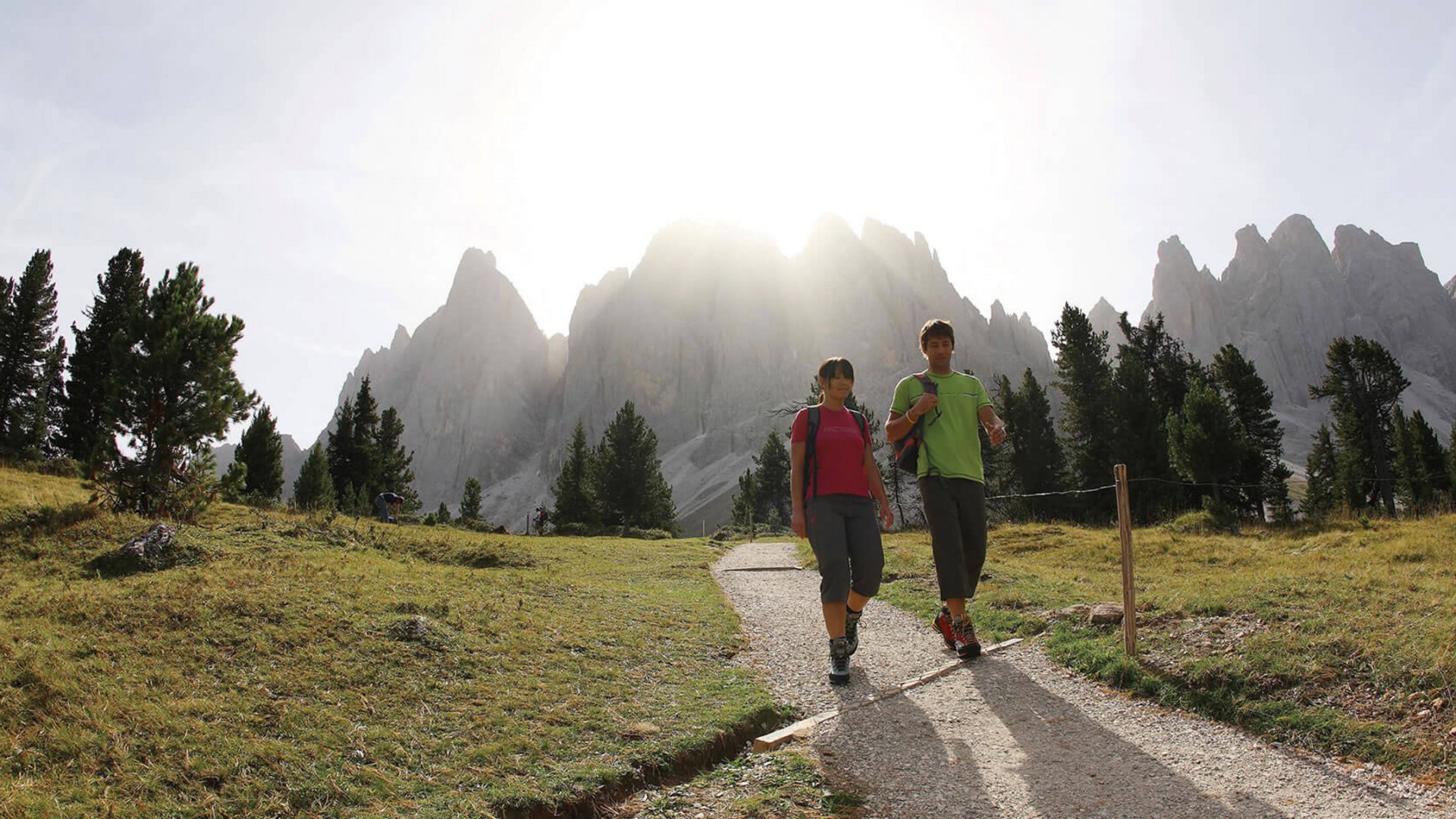 Summer hiking Two hikers walking on a path with mountains and trees in the background