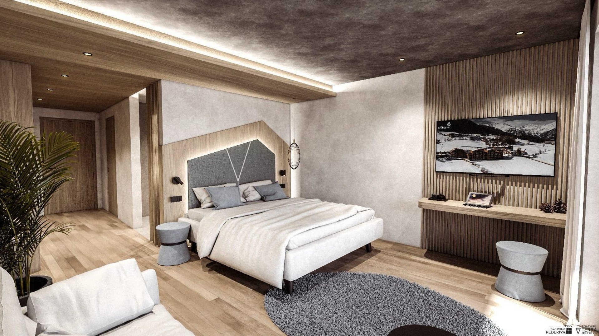 News Summer 2026 Modern bedroom with double bed, gray rug, and TV mounted on wooden wall
