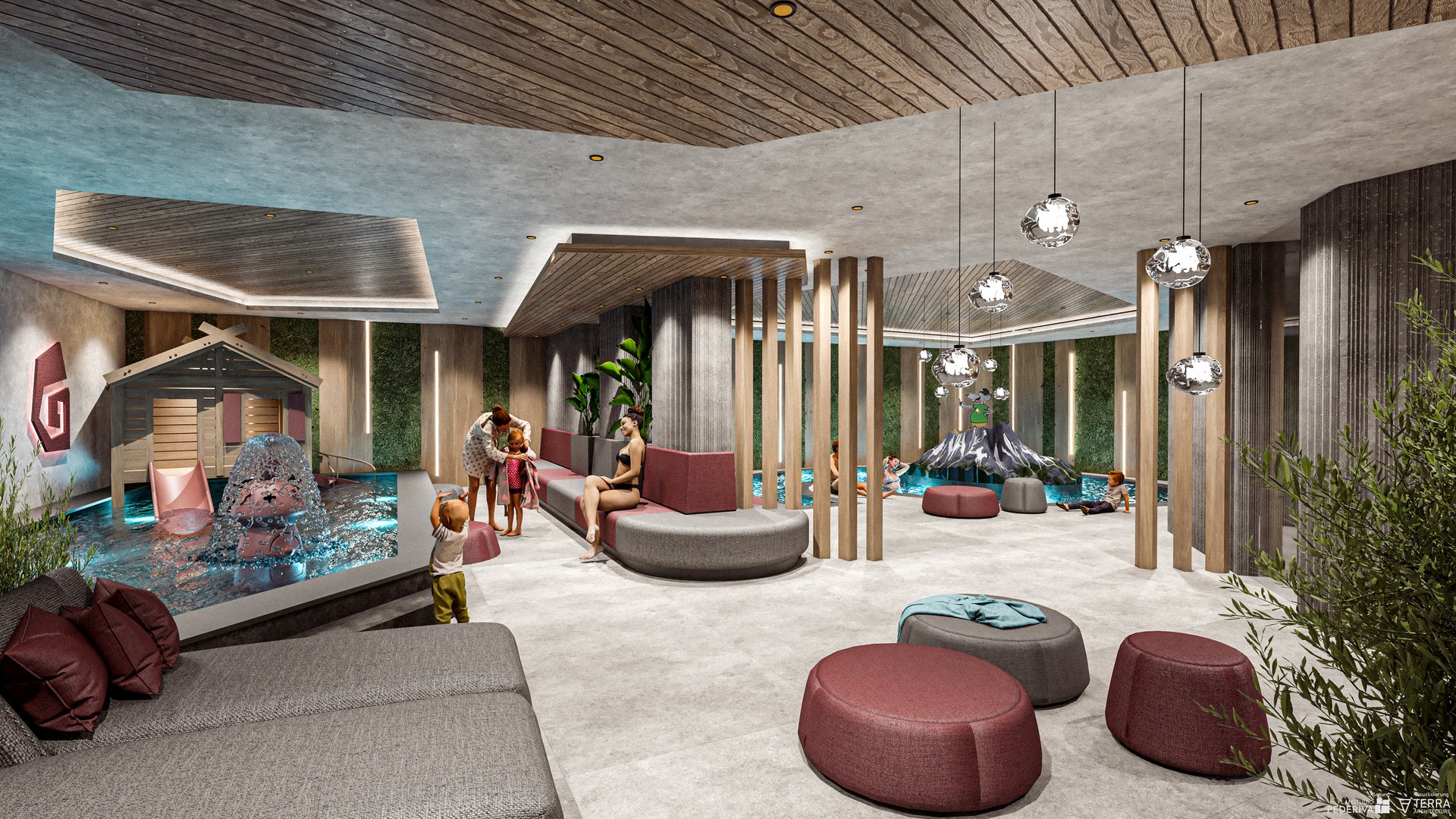 News Summer 2026 Modern indoor play area with water features, seating, and children