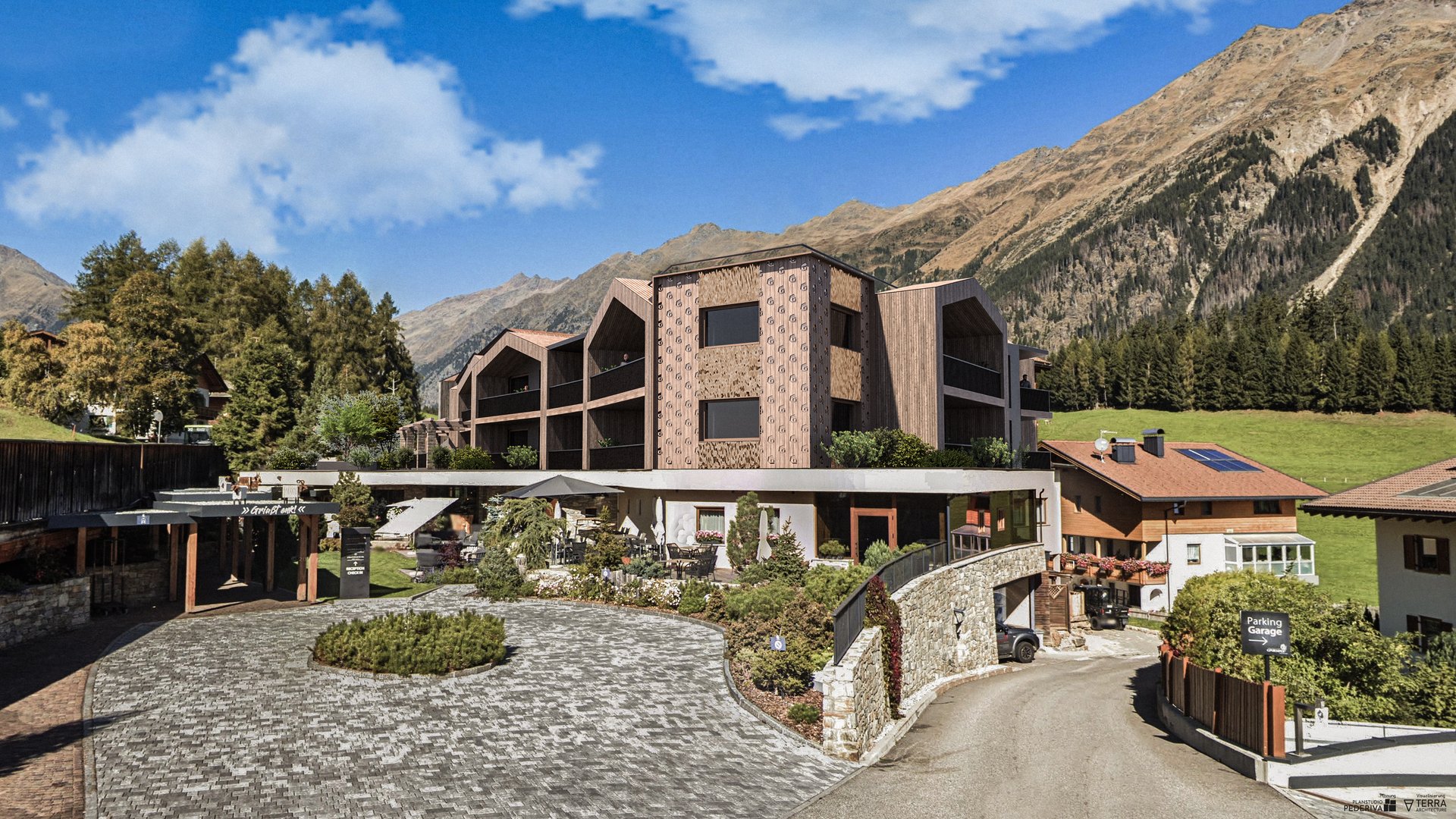 News Summer 2026 Modern hotel building in the Alpine mountains on a sunny day