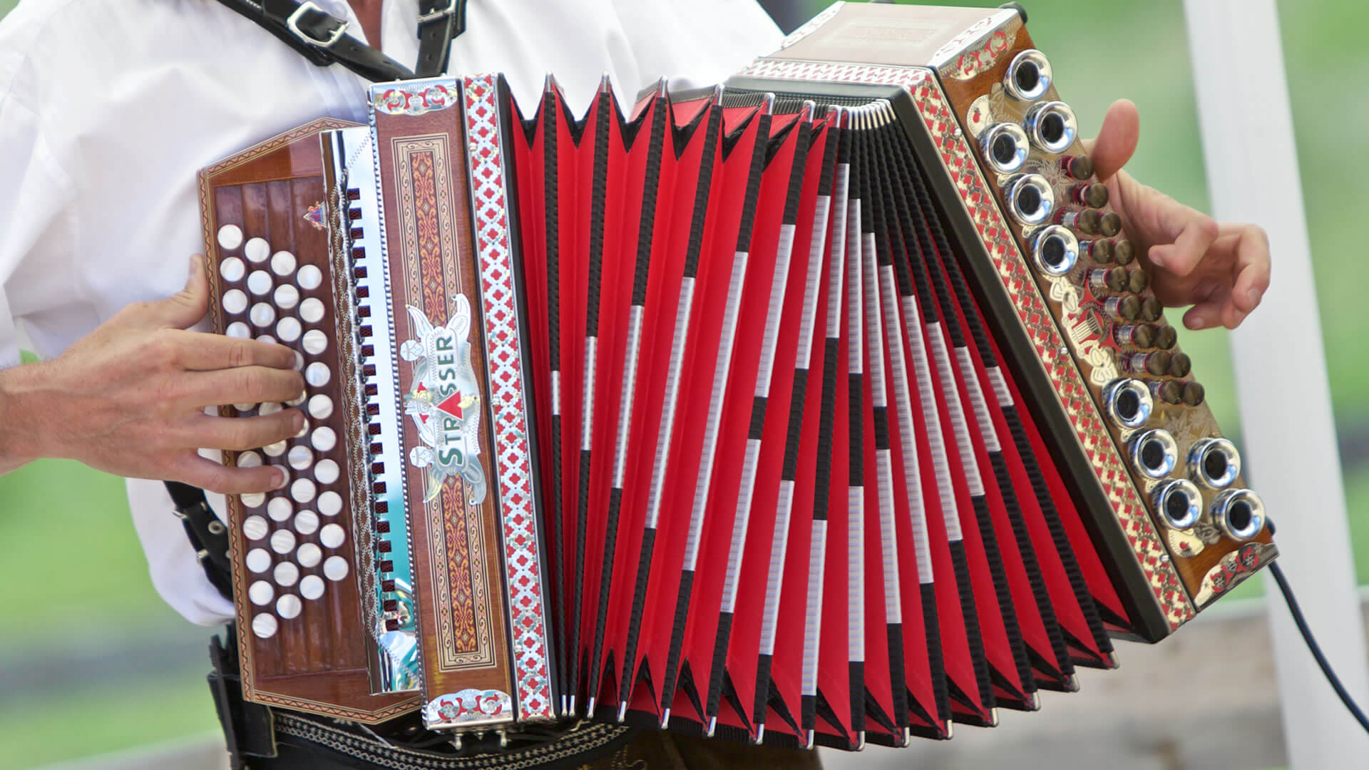 Urlaub in Ridnaun Person spielt rote Ziehharmonika mit weißem Hemd und traditioneller Kleidung
